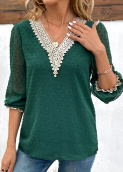 Green Patchwork Long Sleeve V Neck Blouse -Women Clothing Sales Store 343452 P 16979661334294