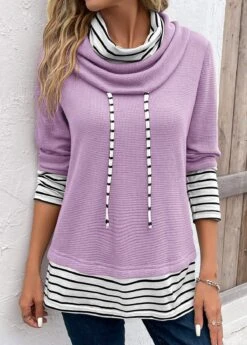 Light Purple Patchwork Striped Long Sleeve Cowl Neck Sweatshirt