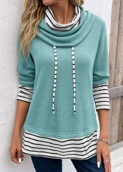 Mint Green Patchwork Striped Long Sleeve Cowl Neck Sweatshirt