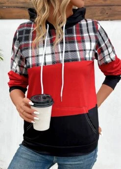 Red Patchwork Plaid Long Sleeve Hoodie