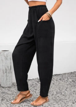 Black Pocket Elastic Waist High Waisted Pants 7 Black Pocket Elastic Waist High Waisted Pants -Women Clothing Sales Store 343703 P 16958790158852