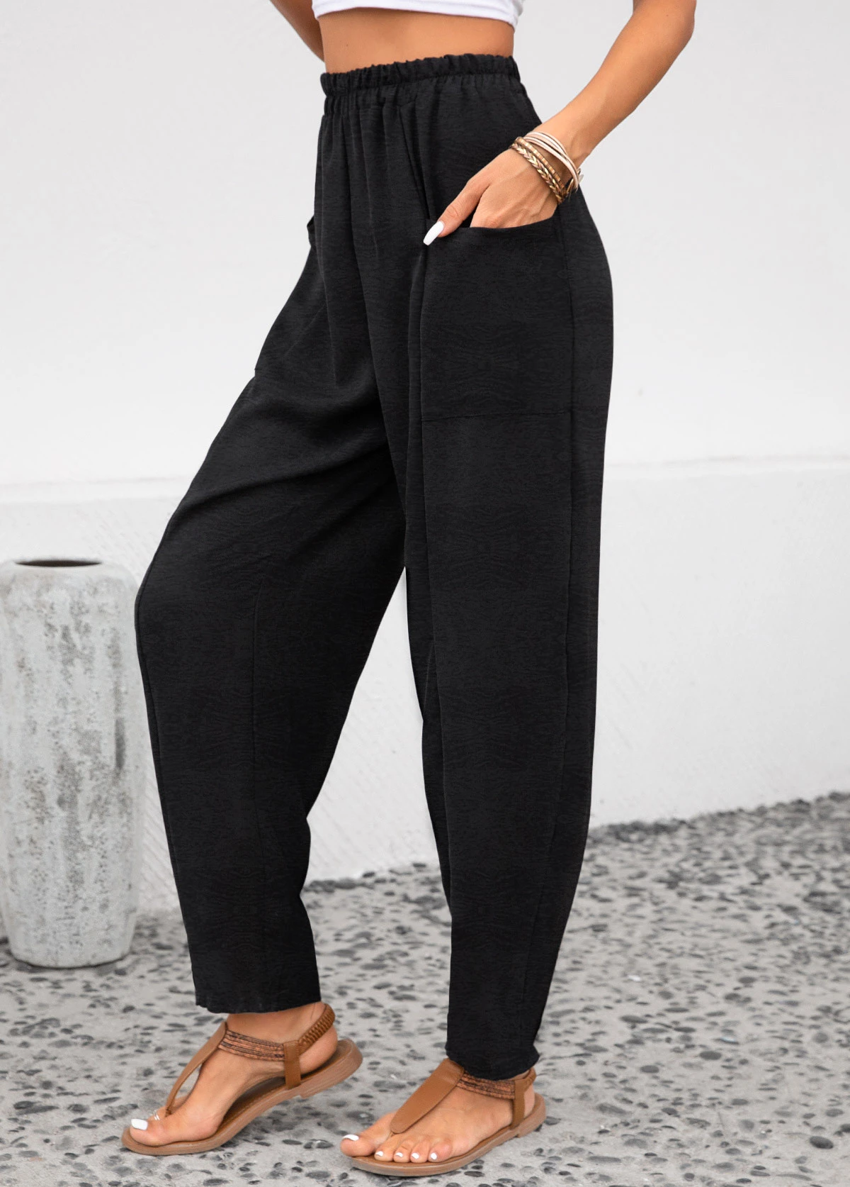 Black Pocket Elastic Waist High Waisted Pants 3 Black Pocket Elastic Waist High Waisted Pants - Image 3