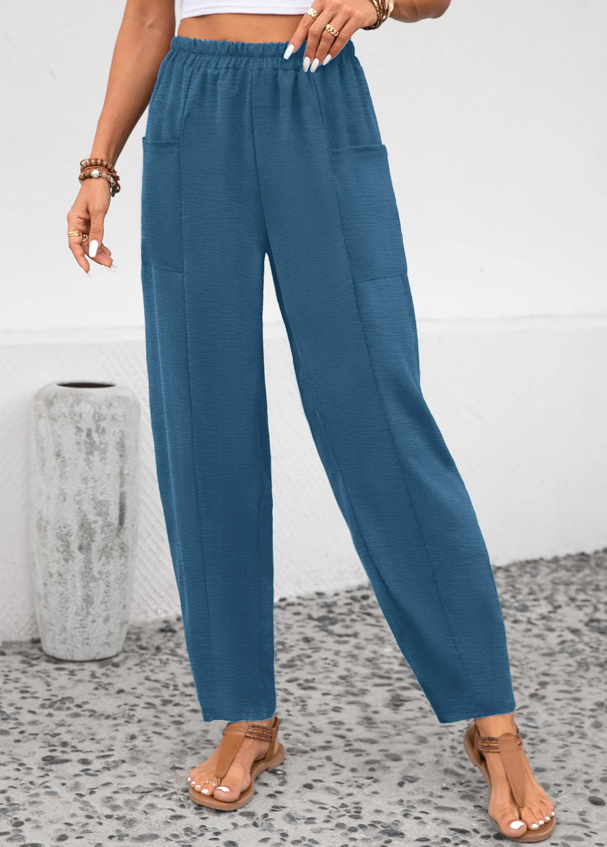 Peacock Blue Pocket Elastic Waist High Waisted Pants 1 Peacock Blue Pocket Elastic Waist High Waisted Pants