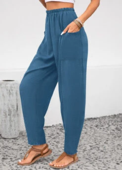 Peacock Blue Pocket Elastic Waist High Waisted Pants 7 Peacock Blue Pocket Elastic Waist High Waisted Pants -Women Clothing Sales Store 343709 P 16958790156052