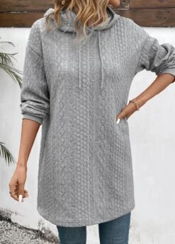 Grey Jacquard Long Sleeve Drawstring Hoodie -Women Clothing Sales Store 343765 P 16976798260714