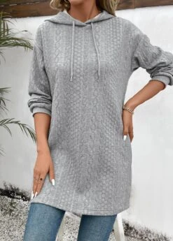 Grey Jacquard Long Sleeve Drawstring Hoodie -Women Clothing Sales Store 343765 P 16976798267842