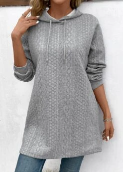Grey Jacquard Long Sleeve Drawstring Hoodie -Women Clothing Sales Store 343765 P 16976798269625
