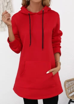 Women Clothing Sales Store 21 Red Pocket Long Sleeve Drawstring Hoodie