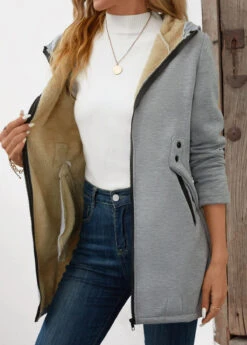 Grey Pocket Long Sleeve Hooded Coat -Women Clothing Sales Store 343767 P 16981476080762