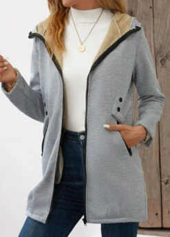 Grey Pocket Long Sleeve Hooded Coat -Women Clothing Sales Store 343767 P 16981476081674