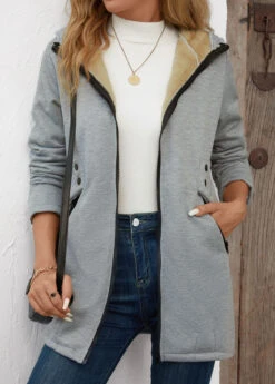 Grey Pocket Long Sleeve Hooded Coat -Women Clothing Sales Store 343767 P 16981476082865