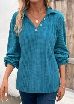 Peacock Blue Ruched Long Sleeve Shirt Collar Blouse -Women Clothing Sales Store 343774 P 16967445910054