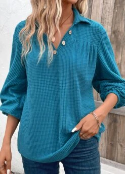 Peacock Blue Ruched Long Sleeve Shirt Collar Blouse -Women Clothing Sales Store 343774 P 16967445911370