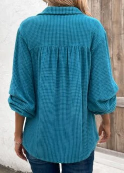 Peacock Blue Ruched Long Sleeve Shirt Collar Blouse -Women Clothing Sales Store 343774 P 16967445918721