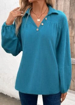 Peacock Blue Ruched Long Sleeve Shirt Collar Blouse -Women Clothing Sales Store 343774 P 16967445919953