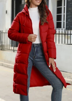 Red Pocket Long Sleeve Hooded Coat -Women Clothing Sales Store 343778 P 1696932608985