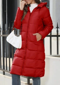 Red Pocket Long Sleeve Hooded Coat -Women Clothing Sales Store 343778 P 1696932609993