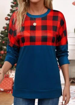 Navy Patchwork Plaid Long Sleeve Round Neck Sweatshirt