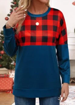 Navy Patchwork Plaid Long Sleeve Round Neck Sweatshirt -Women Clothing Sales Store 344037 P 16986614817204