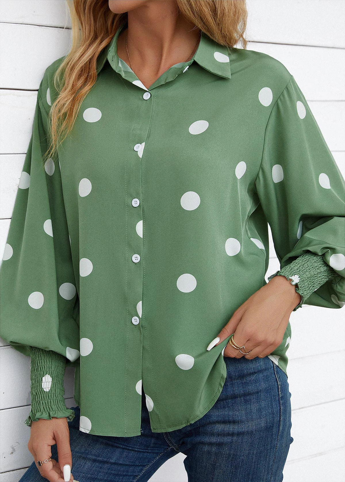 Grass Green Smocked Polka Dot Long Sleeve Blouse 5 Grass Green Smocked Polka Dot Long Sleeve Blouse - Image 5