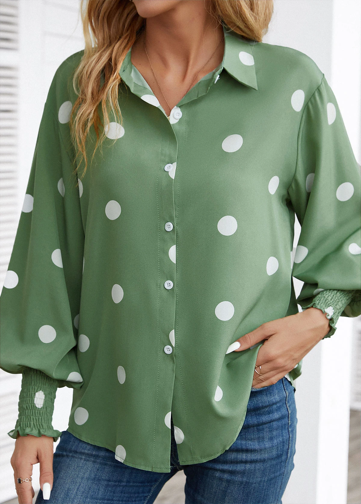 Grass Green Smocked Polka Dot Long Sleeve Blouse 4 Grass Green Smocked Polka Dot Long Sleeve Blouse - Image 4