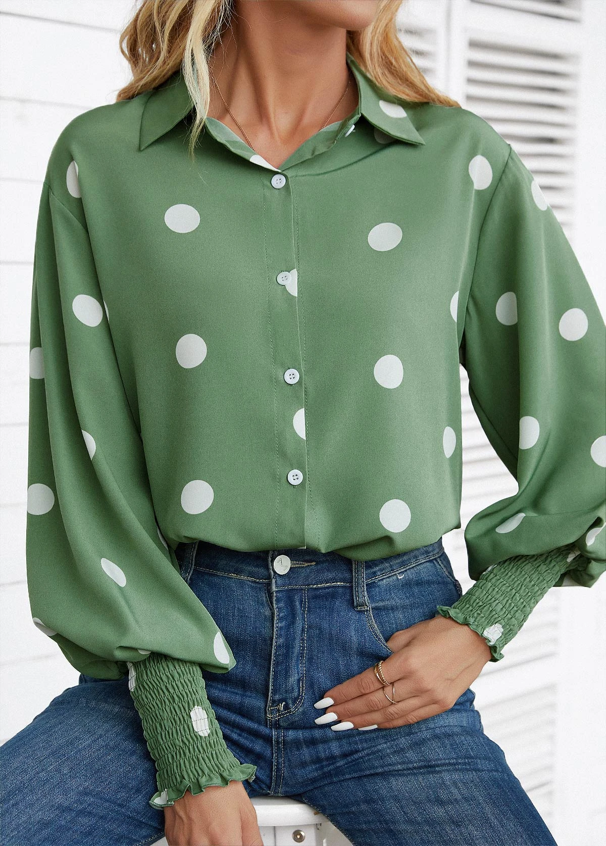 Grass Green Smocked Polka Dot Long Sleeve Blouse 1 Grass Green Smocked Polka Dot Long Sleeve Blouse