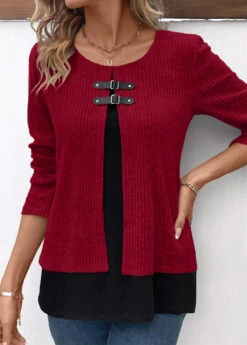 Wine Red Fake 2in1 Long Sleeve Blouse 6 Wine Red Fake 2in1 Long Sleeve Blouse -Women Clothing Sales Store 344220 P 16976139543152