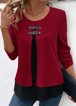 Wine Red Fake 2in1 Long Sleeve Blouse 7 Wine Red Fake 2in1 Long Sleeve Blouse -Women Clothing Sales Store 344220 P 16976139547813