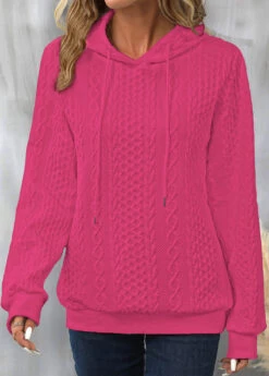 Hot Pink Drawstring Long Sleeve Twisted Hoodie -Women Clothing Sales Store 344239 P 16971920550752