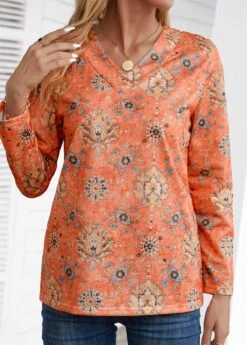 Orange Patchwork Tribal Print Long Sleeve V Neck Sweatshirt