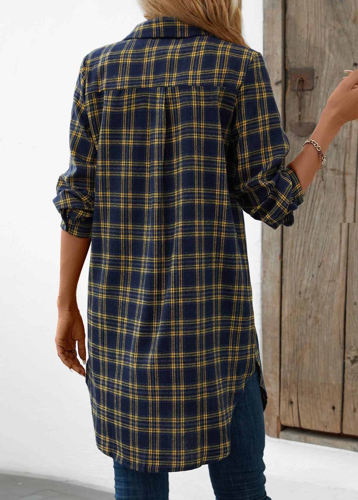 Navy Button Plaid Long Sleeve Shirt Collar Blouse 2 Navy Button Plaid Long Sleeve Shirt Collar Blouse - Image 2