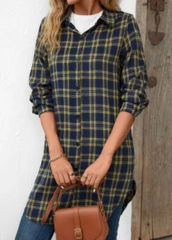 Navy Button Plaid Long Sleeve Shirt Collar Blouse 7 Navy Button Plaid Long Sleeve Shirt Collar Blouse -Women Clothing Sales Store 344323 P 16981475331322