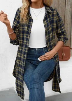 Navy Button Plaid Long Sleeve Shirt Collar Blouse 9 Navy Button Plaid Long Sleeve Shirt Collar Blouse -Women Clothing Sales Store 344323 P 16981475336944