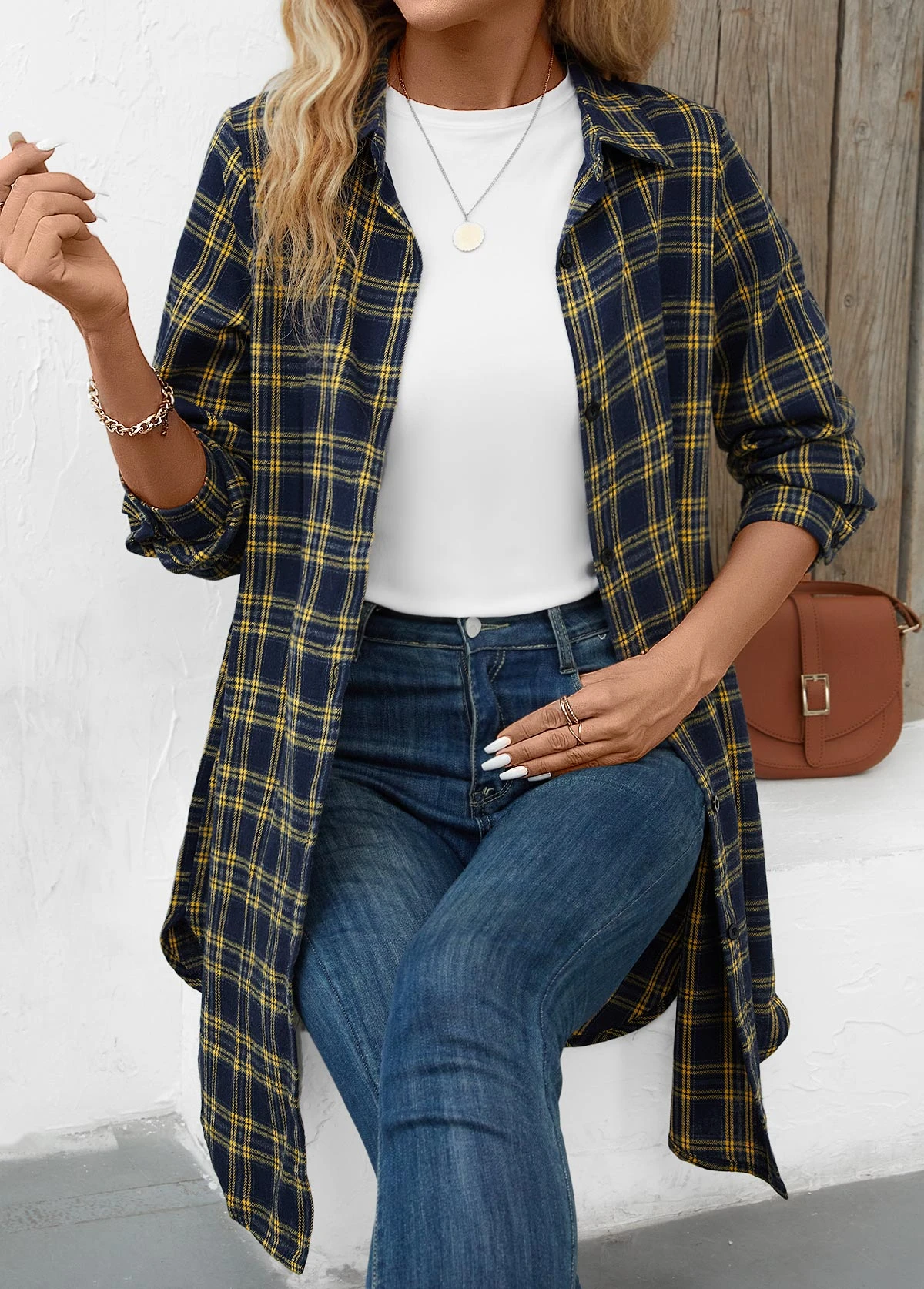 Navy Button Plaid Long Sleeve Shirt Collar Blouse 5 Navy Button Plaid Long Sleeve Shirt Collar Blouse - Image 5