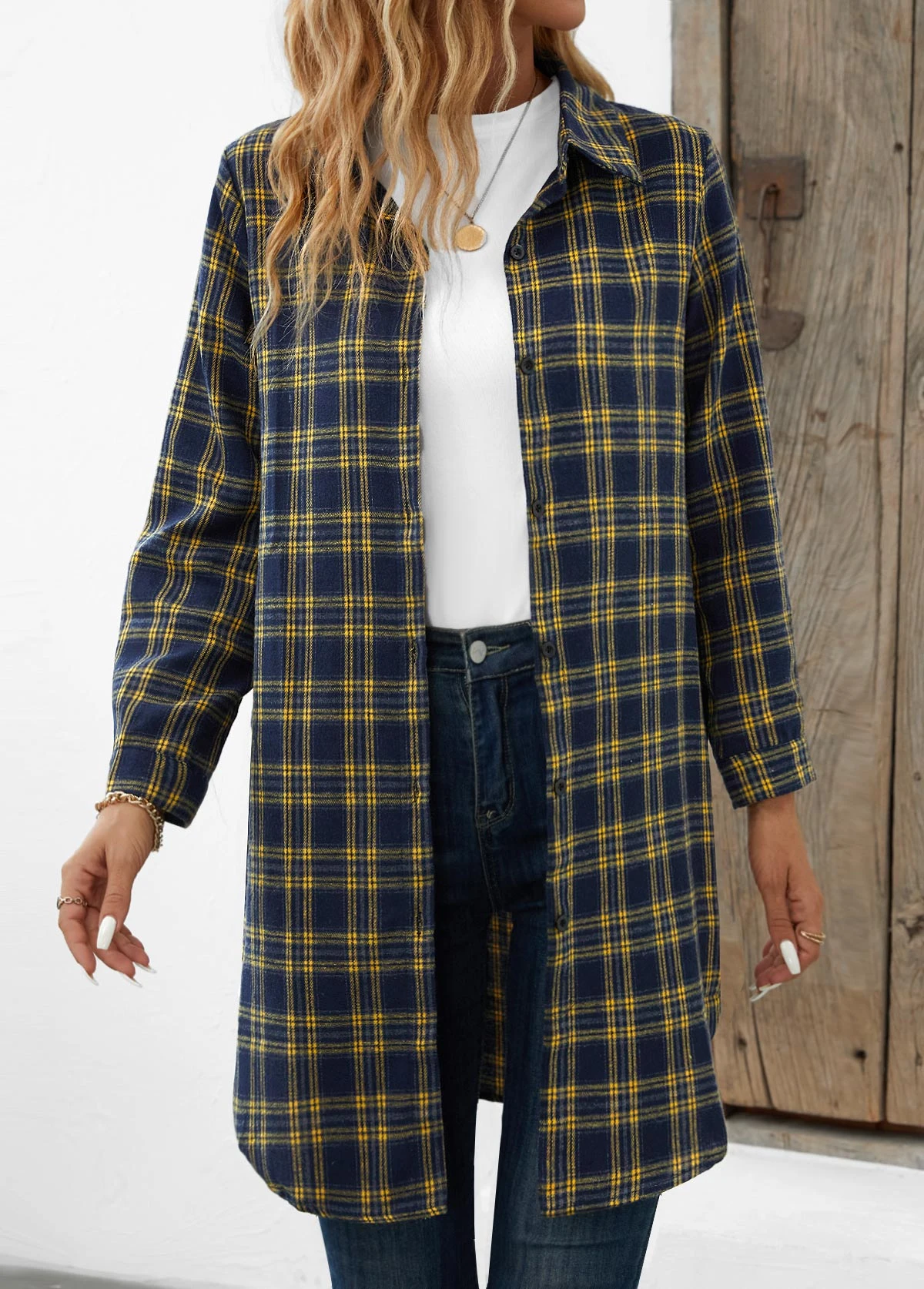 Navy Button Plaid Long Sleeve Shirt Collar Blouse 4 Navy Button Plaid Long Sleeve Shirt Collar Blouse - Image 4