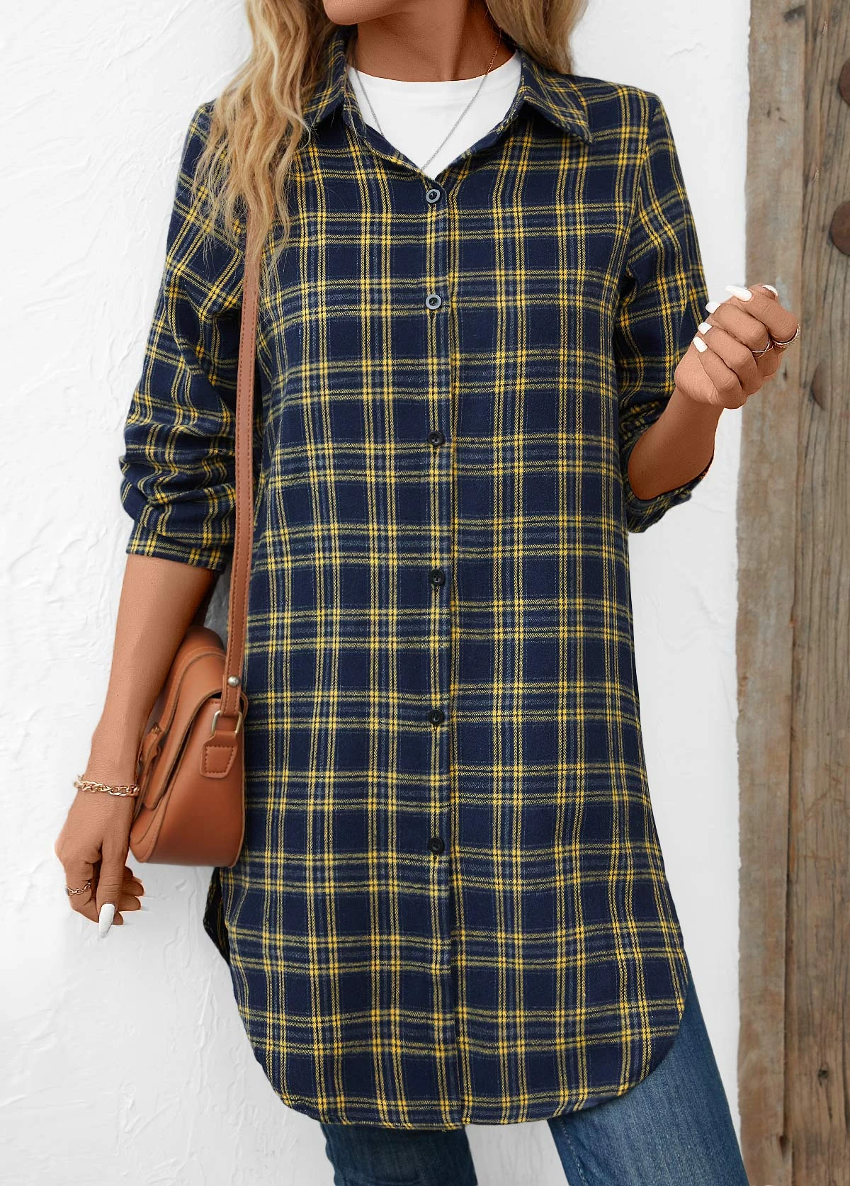 Navy Button Plaid Long Sleeve Shirt Collar Blouse 1 Navy Button Plaid Long Sleeve Shirt Collar Blouse