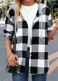 Black Button Plaid Long Sleeve Hooded Coat