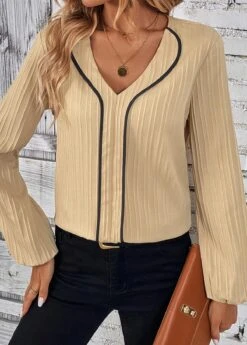 Light Camel Contrast Binding Long Sleeve V Neck Blouse