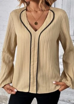 Light Camel Contrast Binding Long Sleeve V Neck Blouse -Women Clothing Sales Store 344427 P 1697518977041