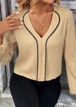 Light Camel Contrast Binding Long Sleeve V Neck Blouse -Women Clothing Sales Store 344427 P 1697518977502