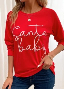 Red Letter Print Long Sleeve Round Neck Sweatshirt -Women Clothing Sales Store 345116 P 16988348103372