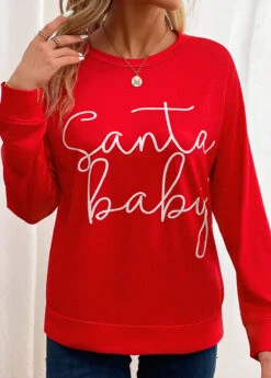 Red Letter Print Long Sleeve Round Neck Sweatshirt -Women Clothing Sales Store 345116 P 16988348103623