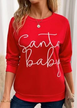 Red Letter Print Long Sleeve Round Neck Sweatshirt -Women Clothing Sales Store 345116 P 16988348104230