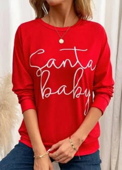 Red Letter Print Long Sleeve Round Neck Sweatshirt -Women Clothing Sales Store 345116 P 16988348109405