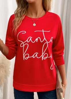 Red Letter Print Long Sleeve Round Neck Sweatshirt