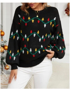 Black Patchwork Christmas Tree Print Long Sleeve Sweater -Women Clothing Sales Store 345317 P 1698659967030