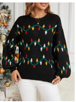 Black Patchwork Christmas Tree Print Long Sleeve Sweater
