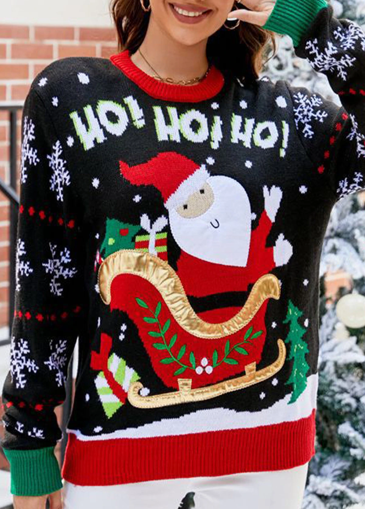 Christmas Black Santa Claus Print Long Sleeve Round Neck Sweater 1 Christmas Black Santa Claus Print Long Sleeve Round Neck Sweater