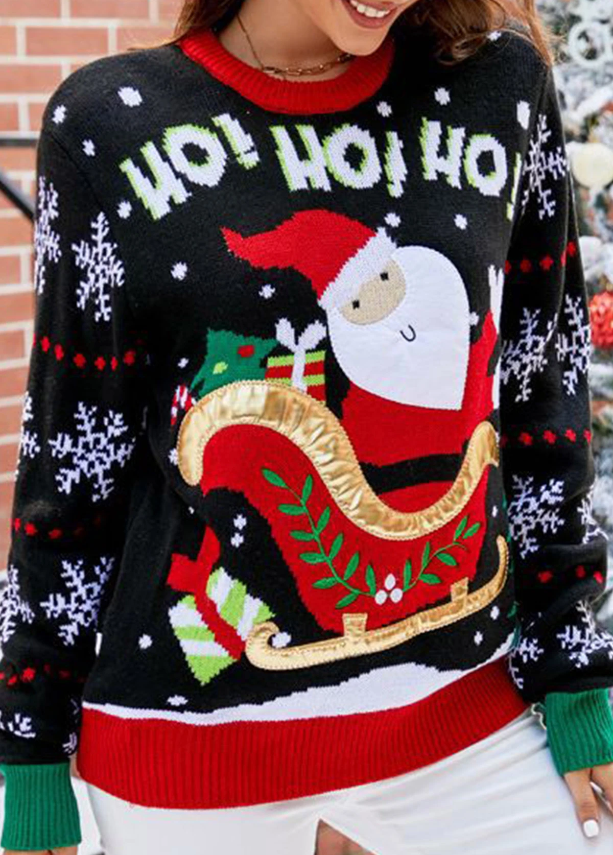 Christmas Black Santa Claus Print Long Sleeve Round Neck Sweater 4 Christmas Black Santa Claus Print Long Sleeve Round Neck Sweater - Image 4