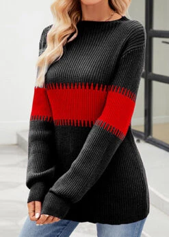 Black Patchwork Long Sleeve Stand Collar Sweater